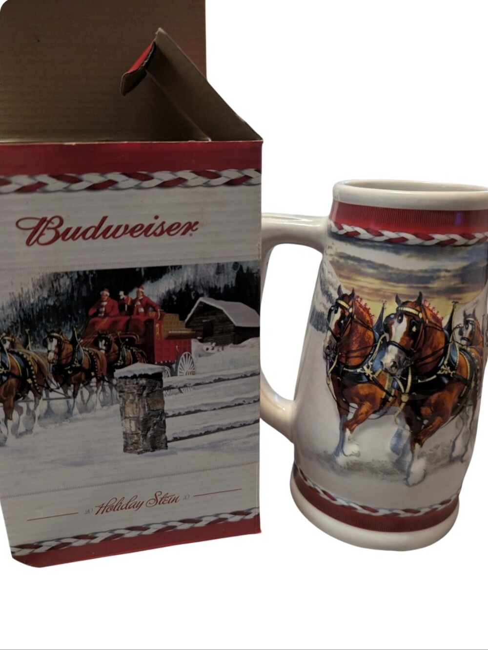Budweiser Red White Holiday Clydesdale Ceramic Stein with Box